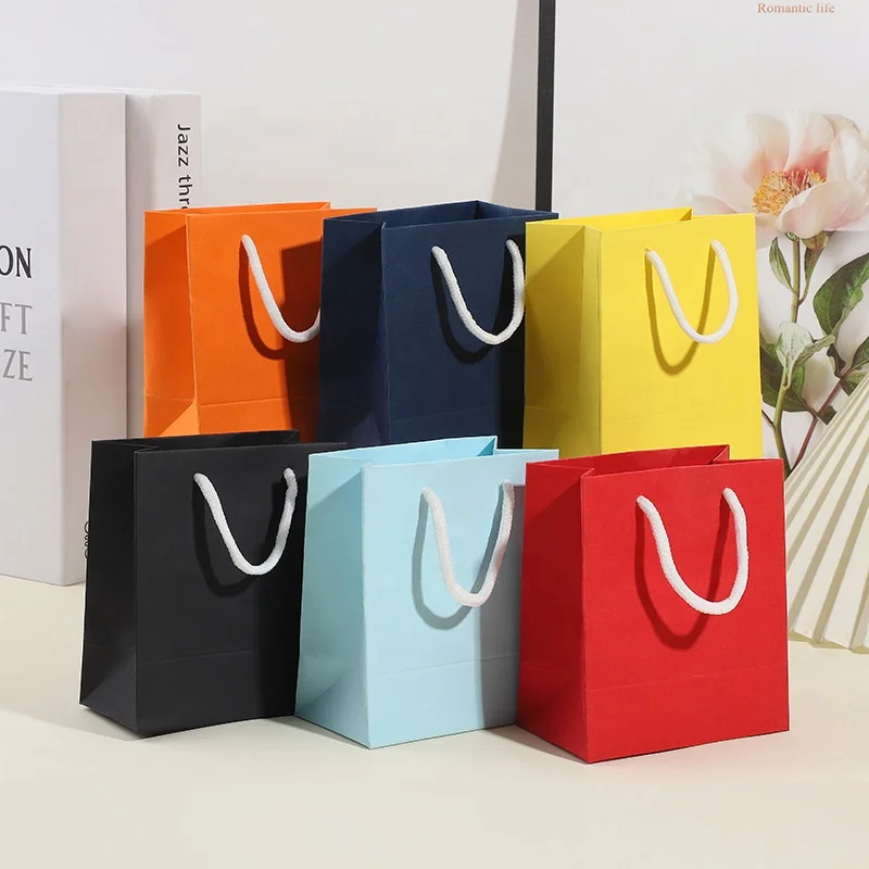 Custom Logo Printed White Black Brown Blue Red Pink Jewelry Gift Paper Shopping Bag With Ribbon Handle
