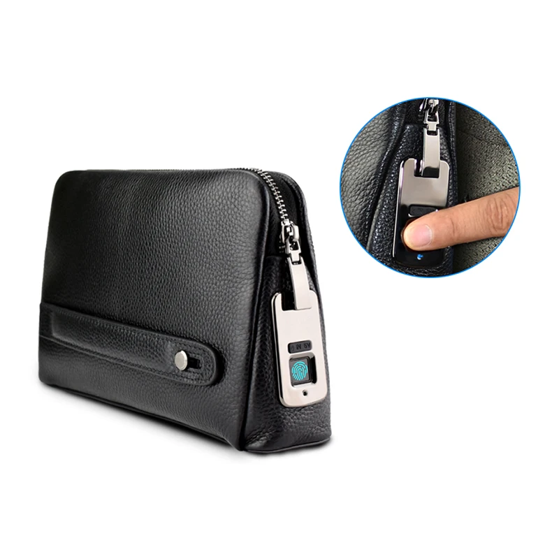 Fingerprint Lock Executive Business Handbag Men Genuine Leather Clutch Bag