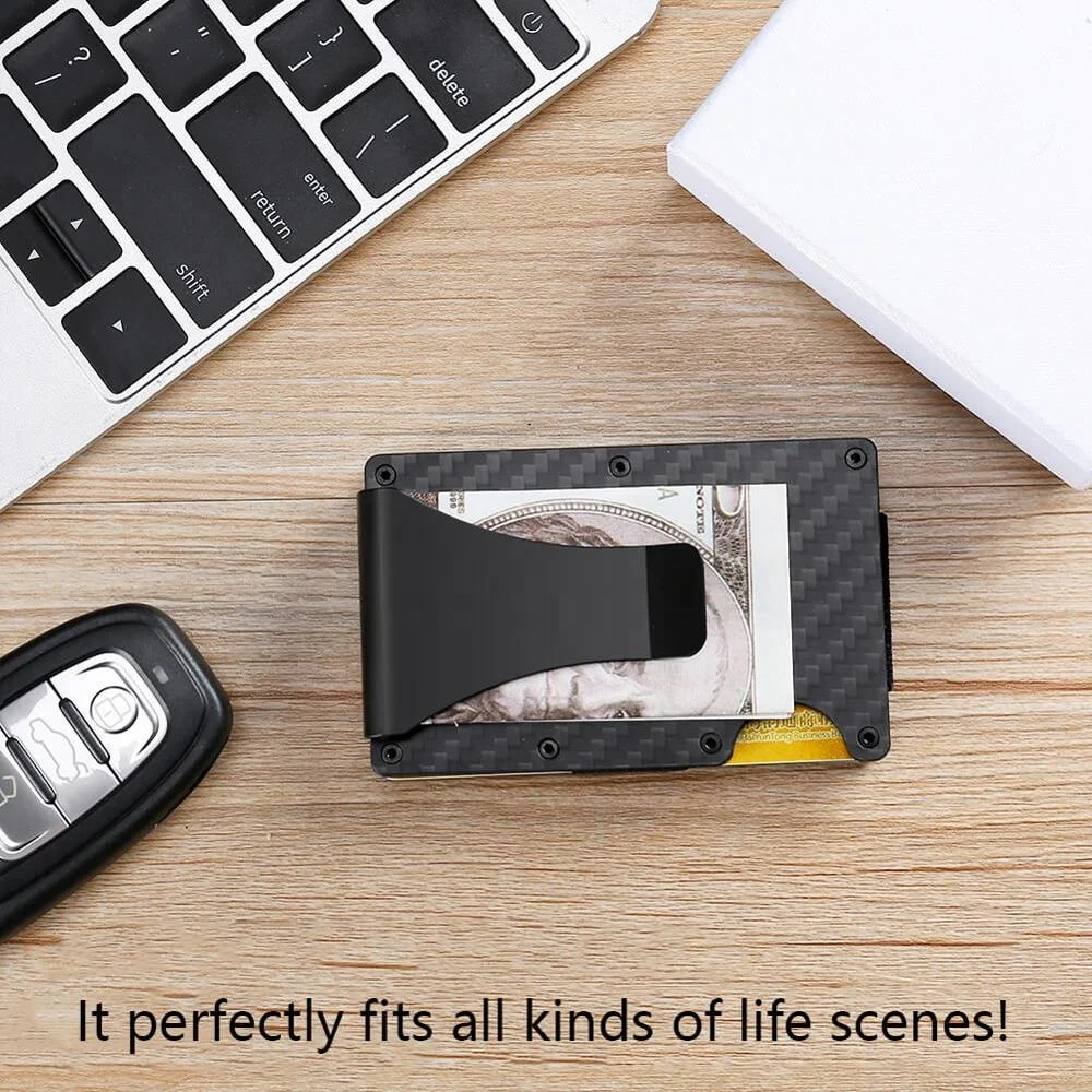 
RFID Carbon Fiber Minimalist Card Wallet Front Pocket Wallet Slim Credit Card Holder with Money Clip RFID Blocking Metal Wallet 