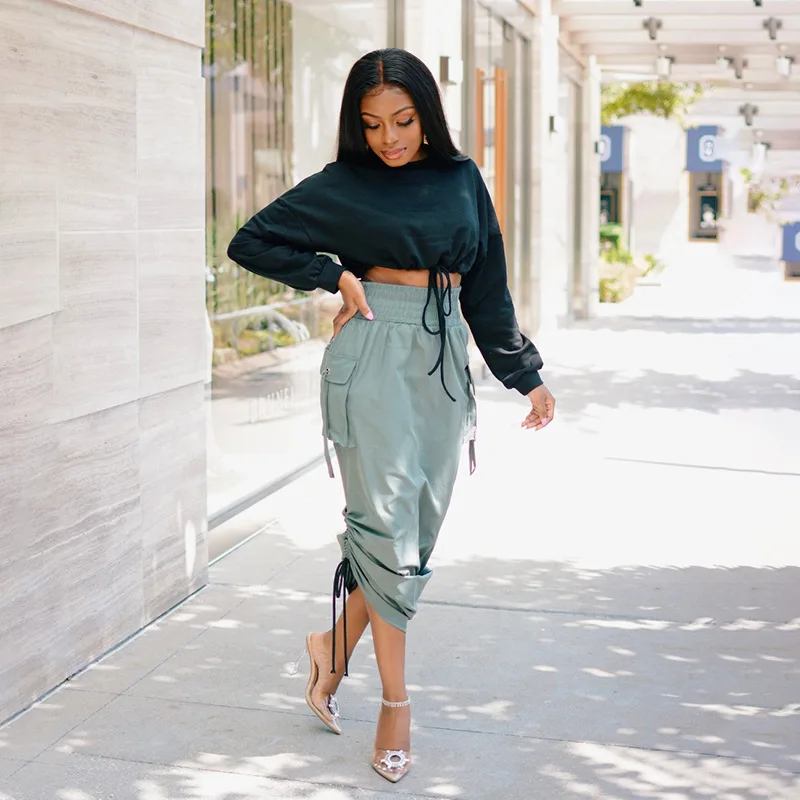 
Spring 2021 New Arrival Sexy High Waist Solid Draw Stacked Pocket Casual Long Overalls Casual Maxi Pencil Skirt For Women 