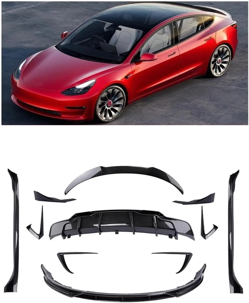 Flyingsohigh M3 Aero Kit For 2016-UP Tesla Model 3 Gloss Black Front Bumper Shovel  side skirt rear diffuser spoiler Front Lip