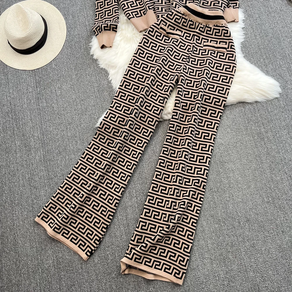 Customized jacquard knitted cardigan jacket vest three piece high waisted slim straight leg wide leg pants