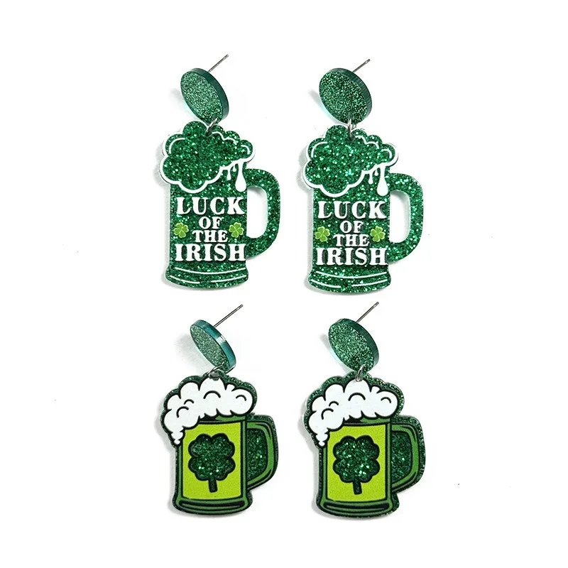 2025 Personalized Creative Celebrate Acrylic Irish Beer Cartoon Carnival Green Four-Leaf Clover Earring for Women Carnival Gift