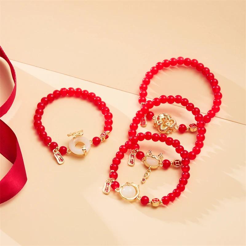 New Year Luxury Women Wholesale Price Gift Stone Bead Dragon String Bracelet Jade Red Dragon Bracelet
