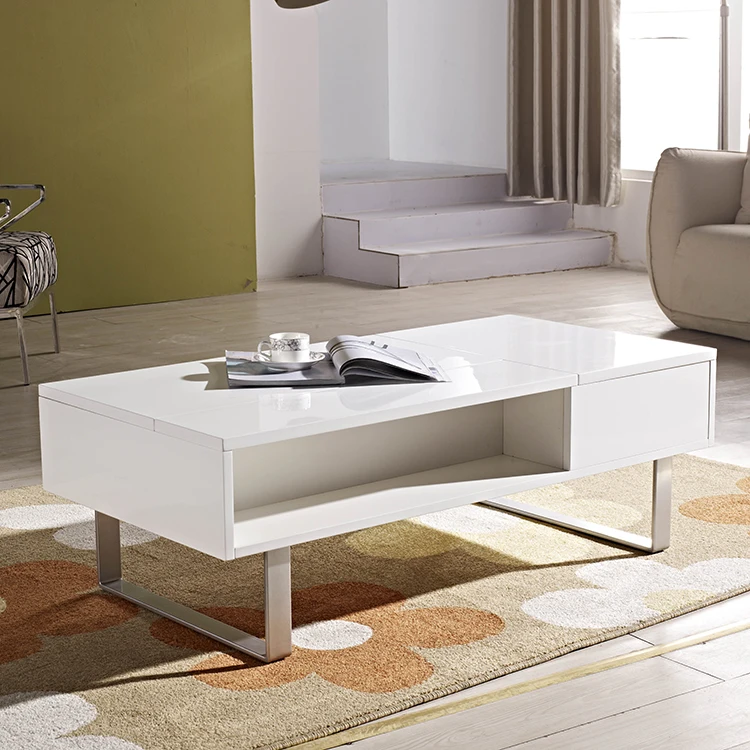 multi function living room furniture dual lifting top glossy white wooden coffee table
