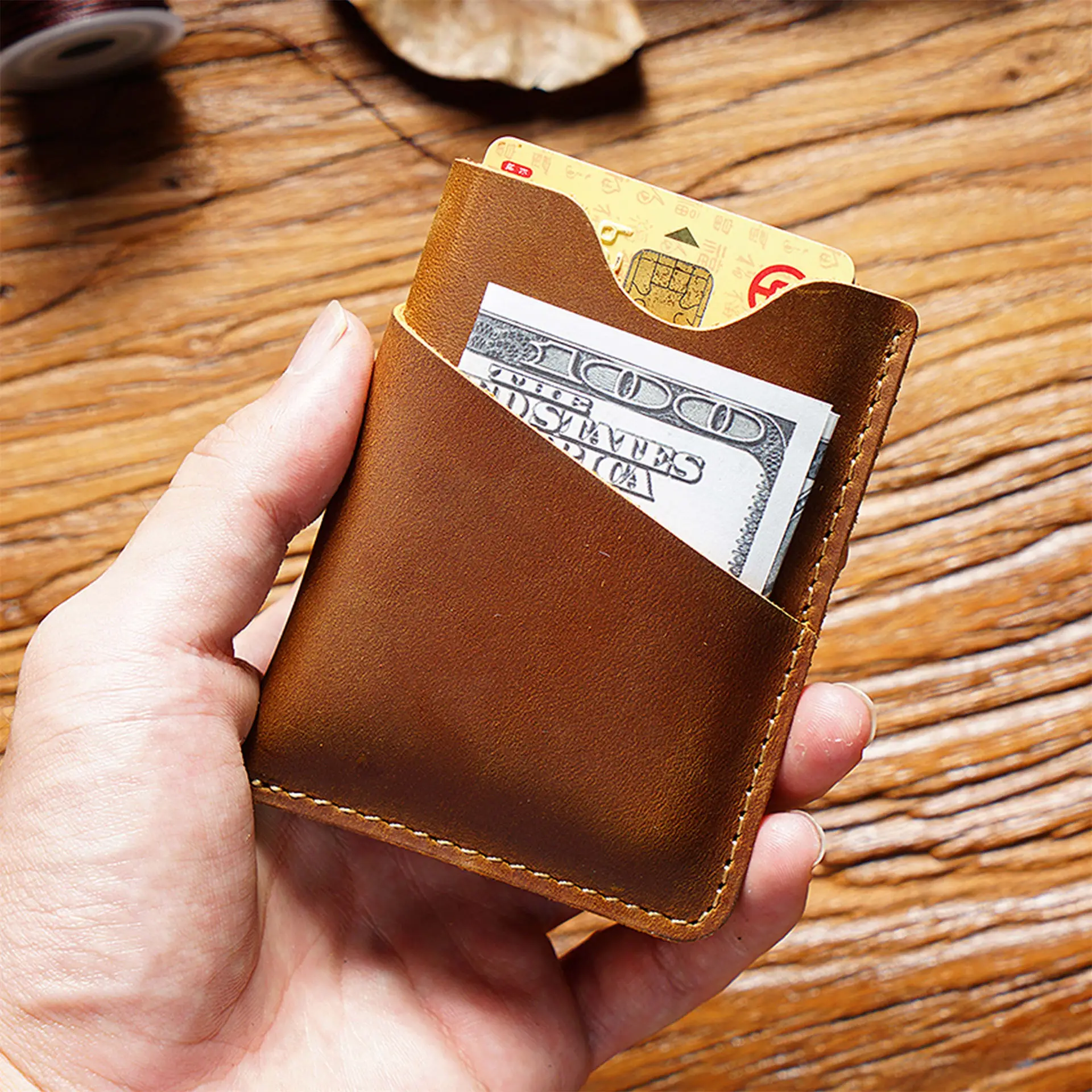AIGUONIU Custom Crazy Horse Genuine Leather Credit Card Holder Wallet Minimalist Cowhide Business Card Holder For Men