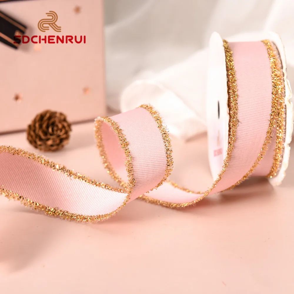 Factory directly new style 16/25/38 MM fashion double face gold purl silver metallic fringe edge grosgrain ribbon For packaging