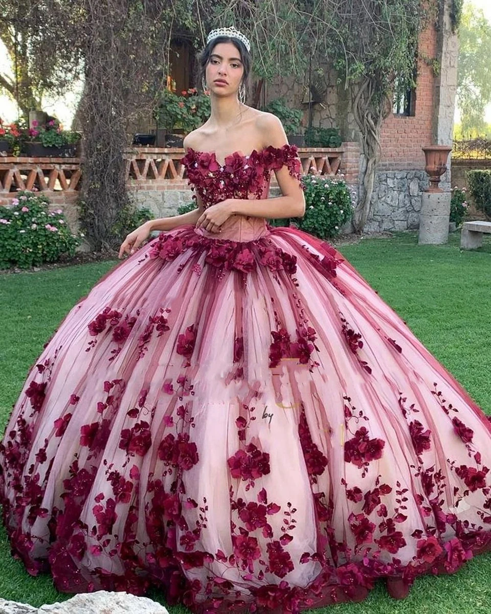 Женское платье с открытыми плечами красное Quinceanera Тюлевое кружевное аппликацией бальное милое