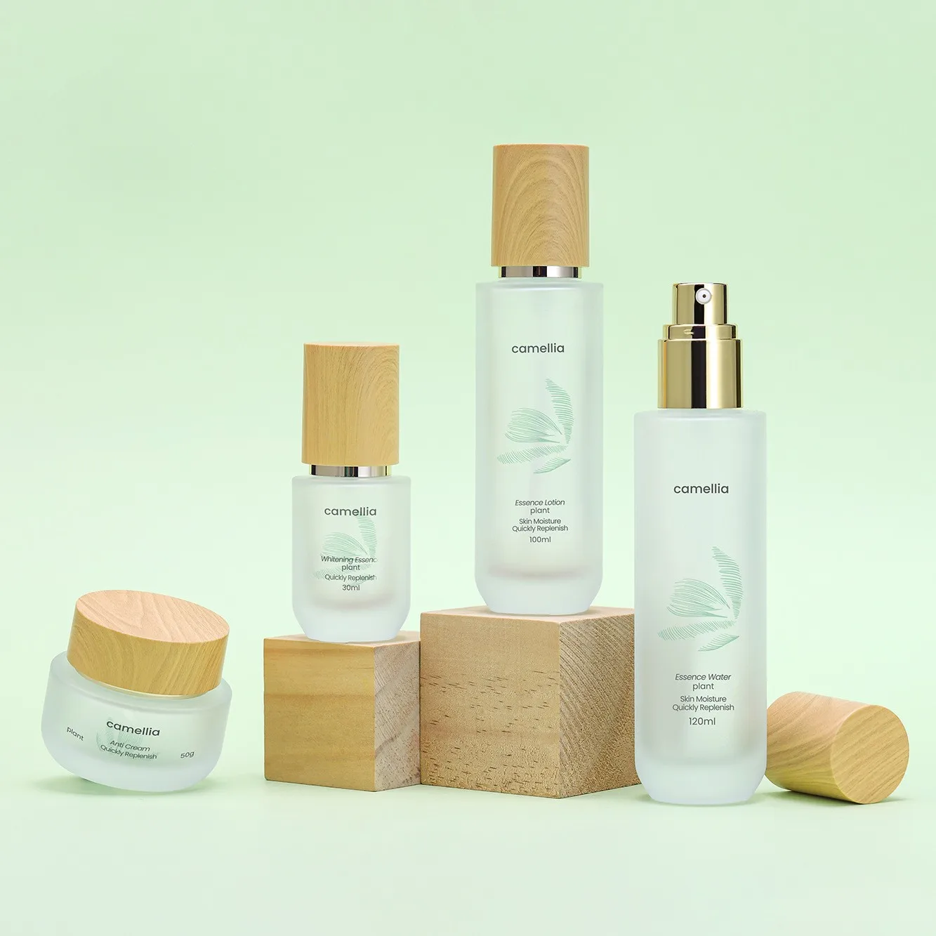 Wholesale 50g 30ml 100ml 120ml Cosmetic Glass Bottle Sets Glass Jar For Skincare Face Cream Lotion Bottle With Wood Grain Lid