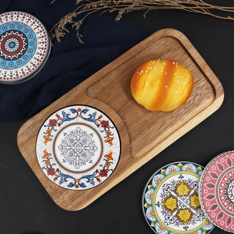 Wholesale Custom Acacia Wood Tray with Coaster Eco-Friendly Dinner Plates for Food Features Plant Pattern