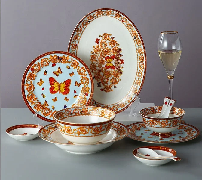 European-style creative bone china western plate rice bowl soup plate household 28-piece tableware set gift box