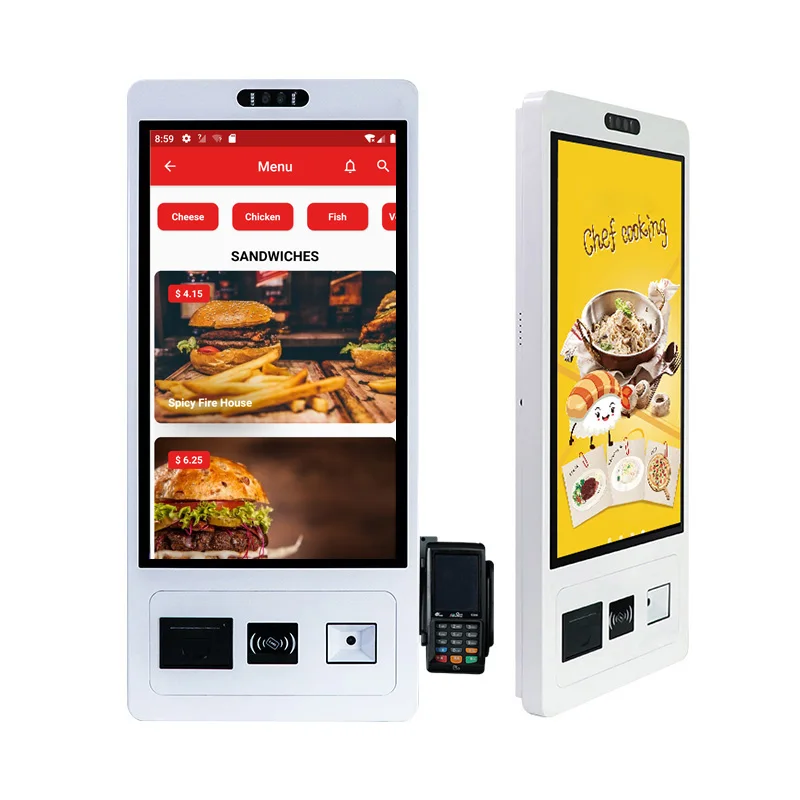 Wall mount panel 15 21 23 27 32 inch lcd display touch screen kiosk self payment kiosk with thermal printer and barcode reader