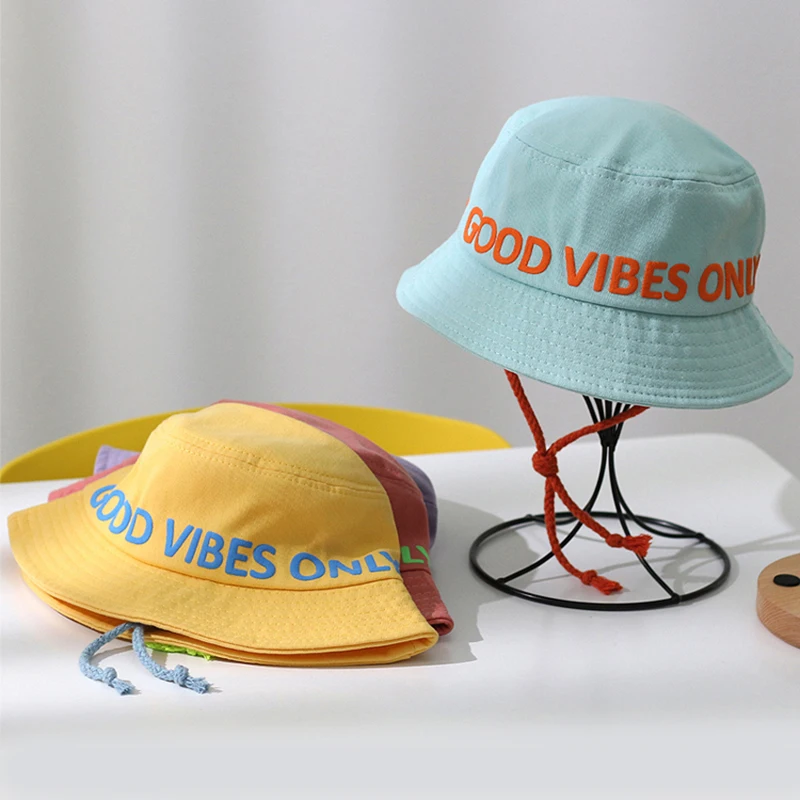 
Custom summer design embroidery rope kids fishing caps children bucket hat 