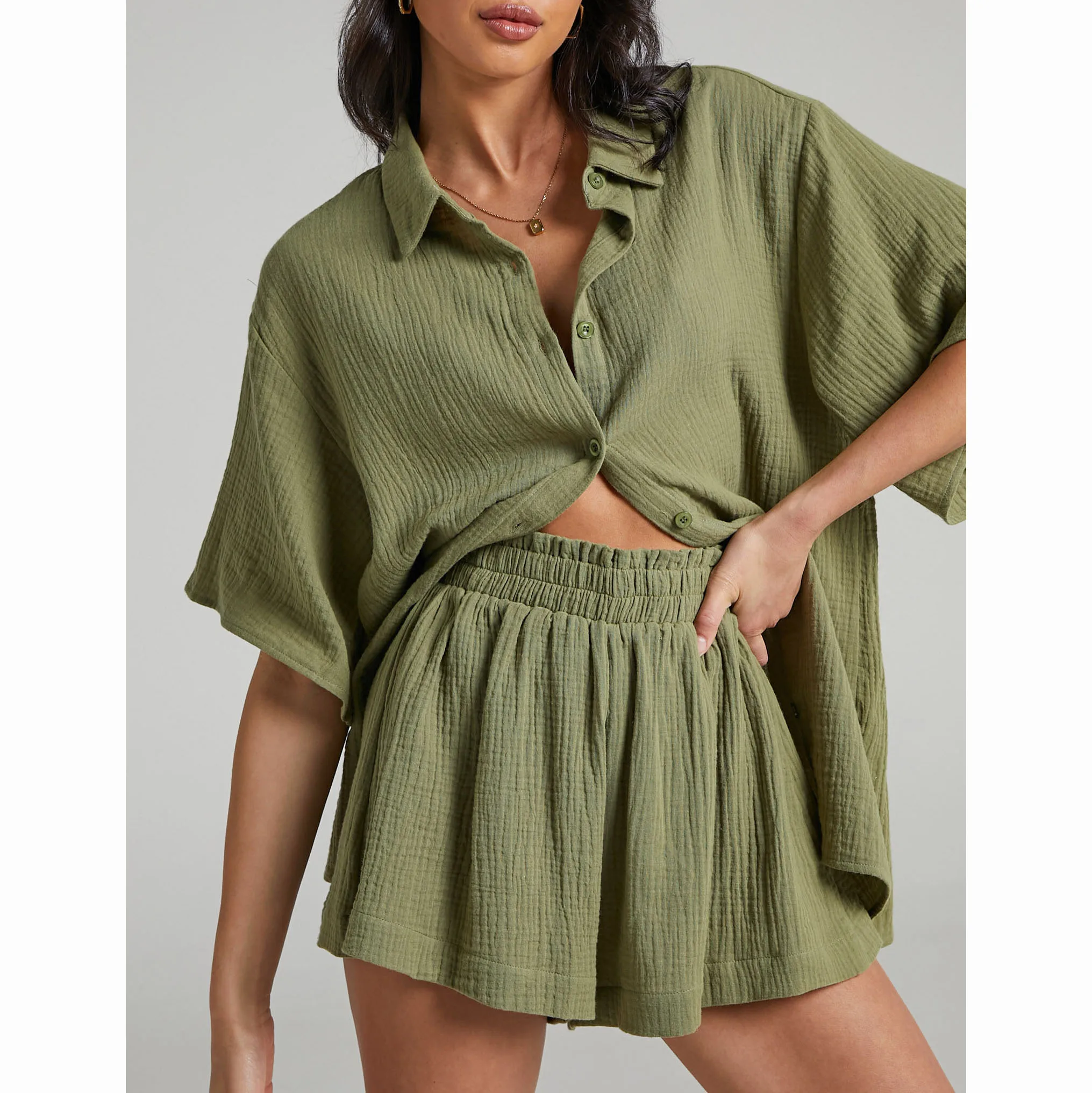 Boxy High Quality Muslin Shirt Set Custom Women Loose Drop Shoulder Button Up Shirt And Elastic High Waist Muslin Shorts Set