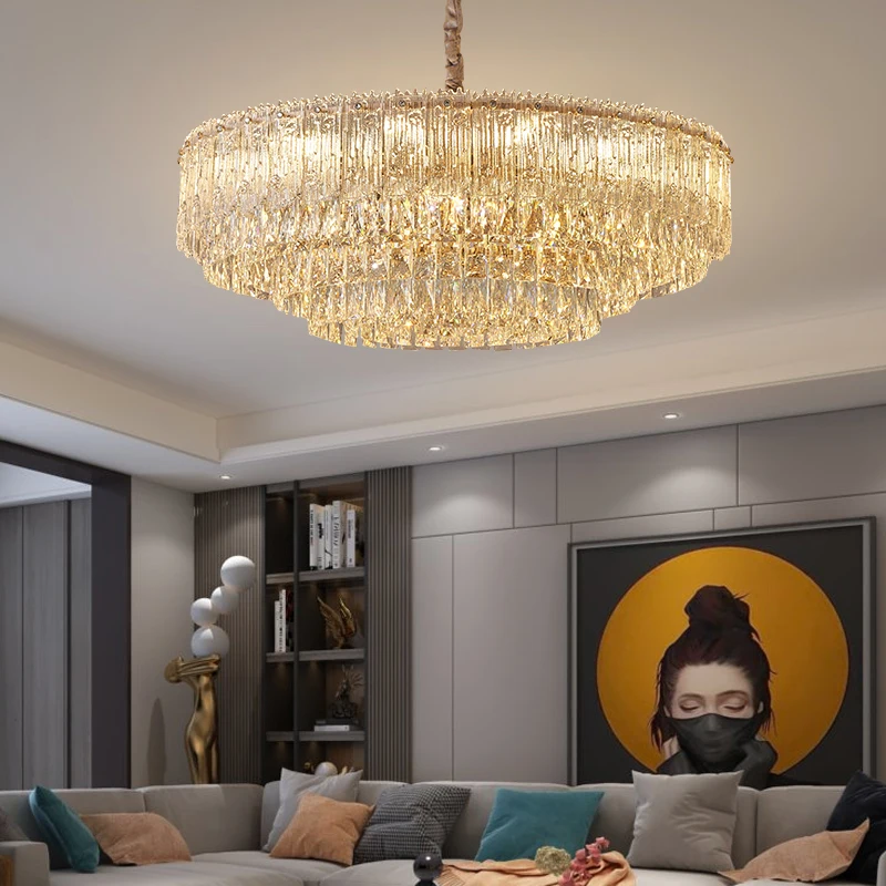 Внутреннее украшение гостиной круглой формы кристалл золотой кулон свет роскошная хрустальная люстра