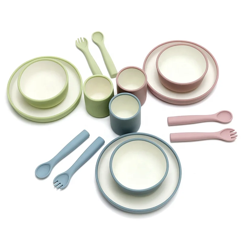 Toddler Snack Food Tableware Dinner Dish Feeding kids dining Suction Silicone Bicolor Cup baby weaning Plate Bowl Spoon Set