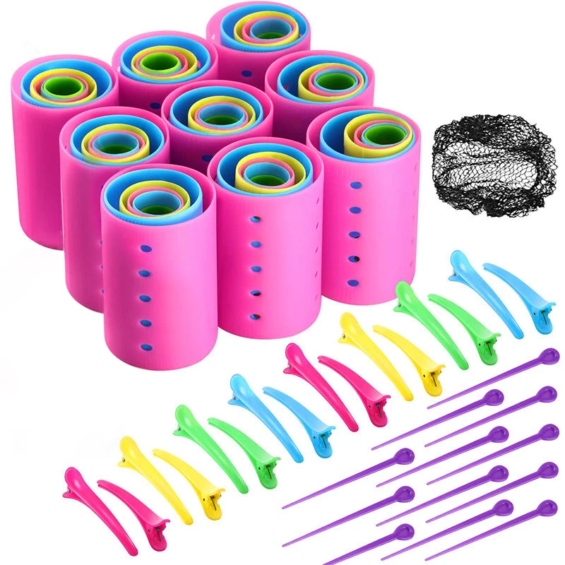 6 Sizes Smooth Magnetic Hair Rollers Set DIY Hairstyling Tools Plastic Hair Rollers Curlers with Clips and Hairnet