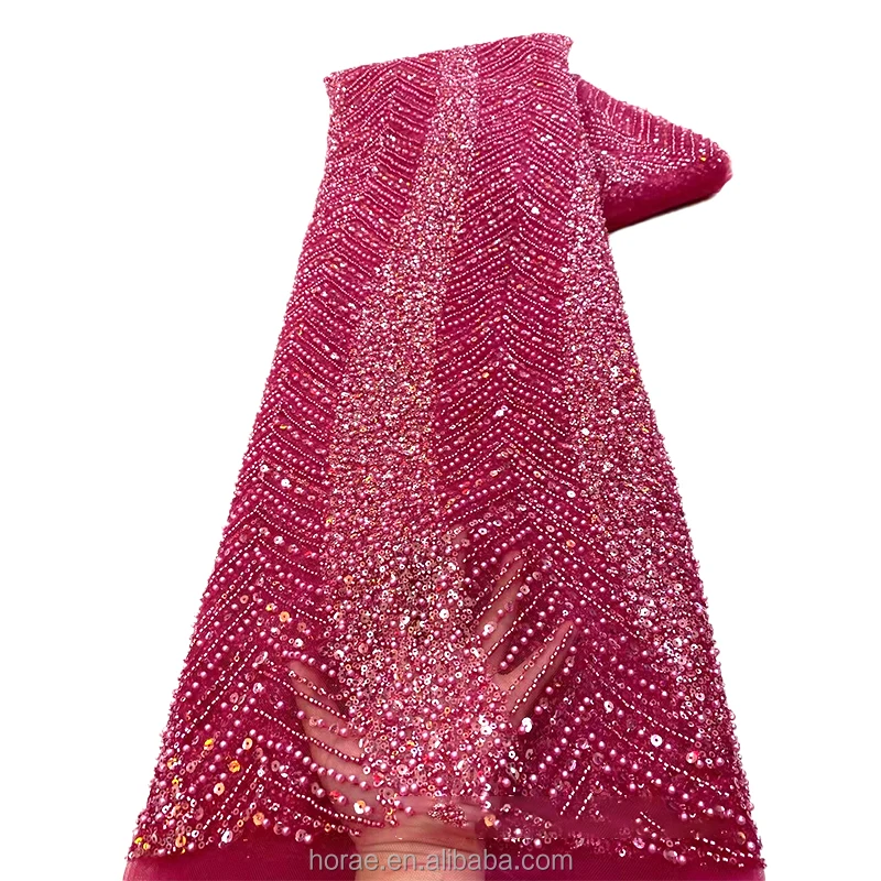 SF011 Luxury African Heavy Beaded Lace Bridal Fabrics Solid Color 3D Sequin Pearl Mesh Fabric for Wedding Dress