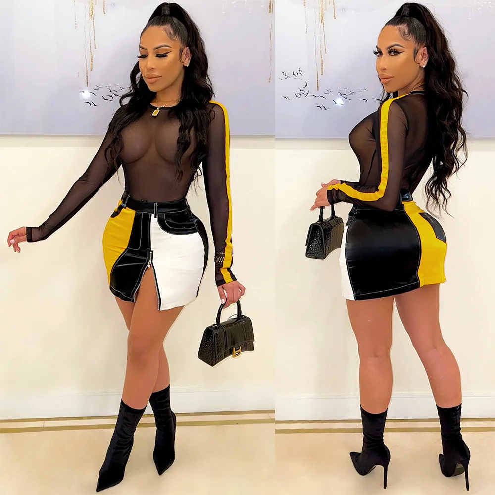 H8235 - Fall New Arrival Sexy Mesh See Through Transparent Sheer Patchwork Bodycon Zipper Dresses Women