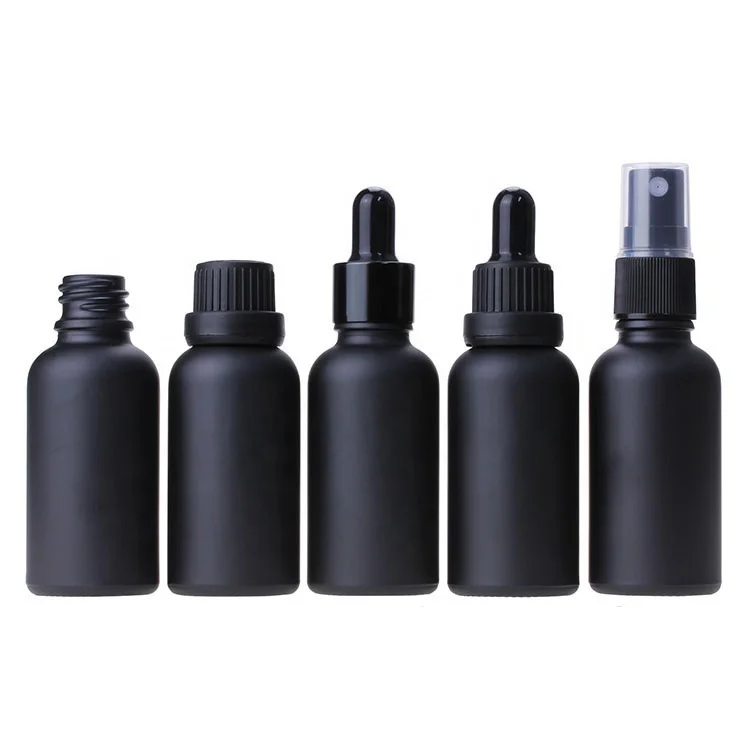 Stock 30ml 1oz Empty Cosmetic Packaging Matte Black Essential Oil Serum Perfume Glass Bottles
