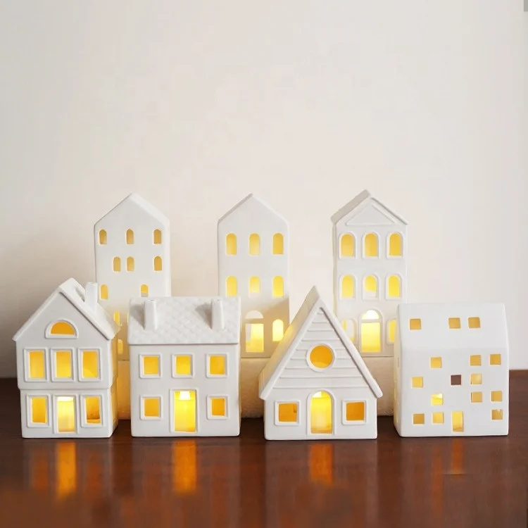 XINGYE Custom Desgin Christmas Fireplace Tabletop Ceramic House Tealight Holders Decorations White Cottage Lantern Ornament