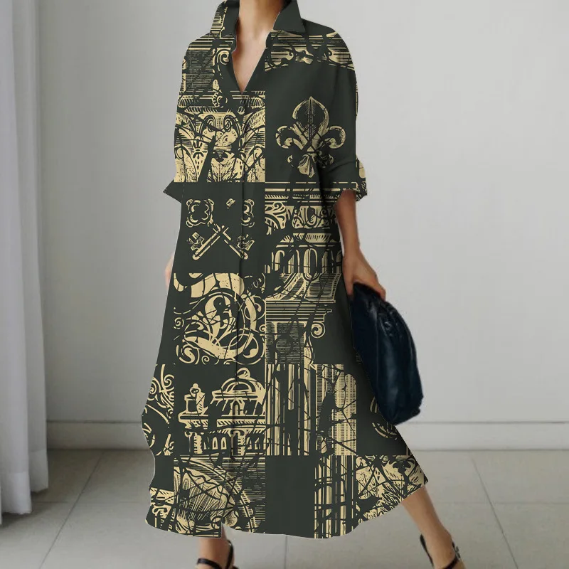 European and American retro ethnic pattern skirts. 3D digital printing. elegant temperament.  spring and autumn dresses