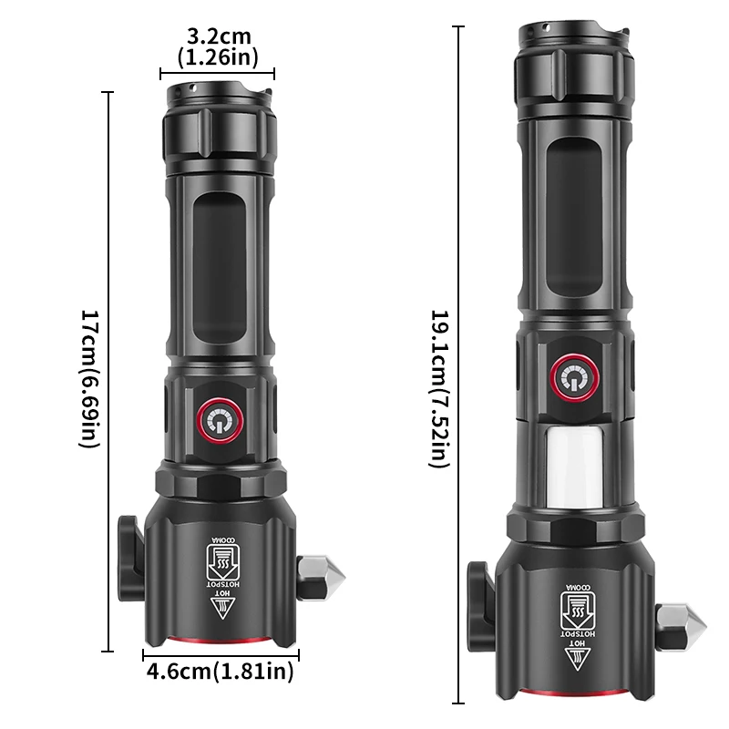 Type-C Charge Super Bright LED Flashlight with Safety Hammer Side Light Torch Light Portable Lantern Outdoor Adventure Lighting