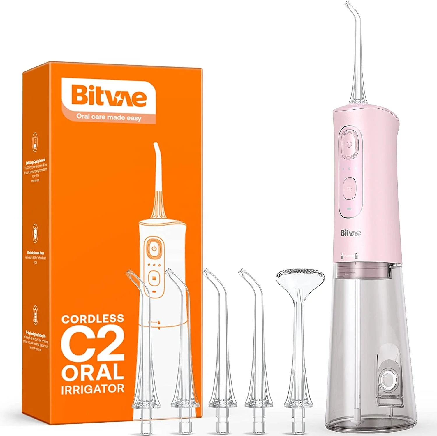Bitvae BV C2 Rechargeable 3 Modes IPX7 Pink Oral Care Water Pick Flosser with 6 Function Nozzles
