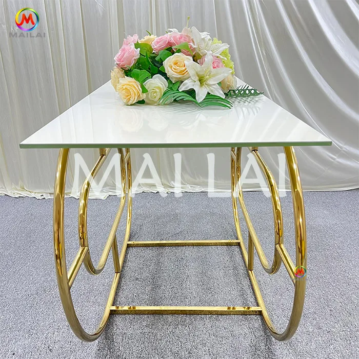 New Design Wedding Stainless Steel Gold base Glass Top Rectangle Dining table for event