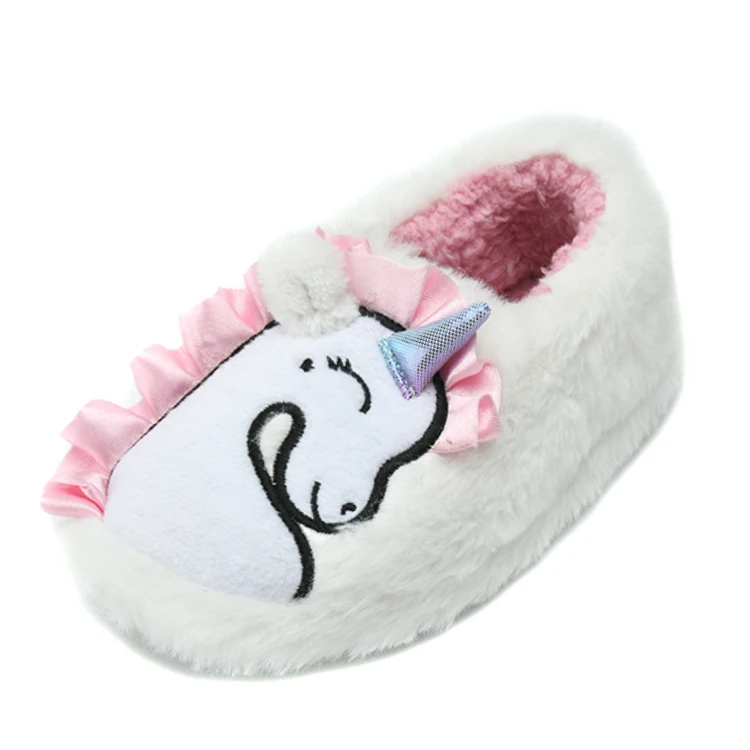 Stylish Winter Unicorn Shoes Slippers White Fur Applique Embroidery Household Novelty Slippers for Kids Girls