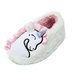 Stylish Winter Unicorn Shoes Slippers White Fur Applique Embroidery Household Novelty Slippers for Kids Girls