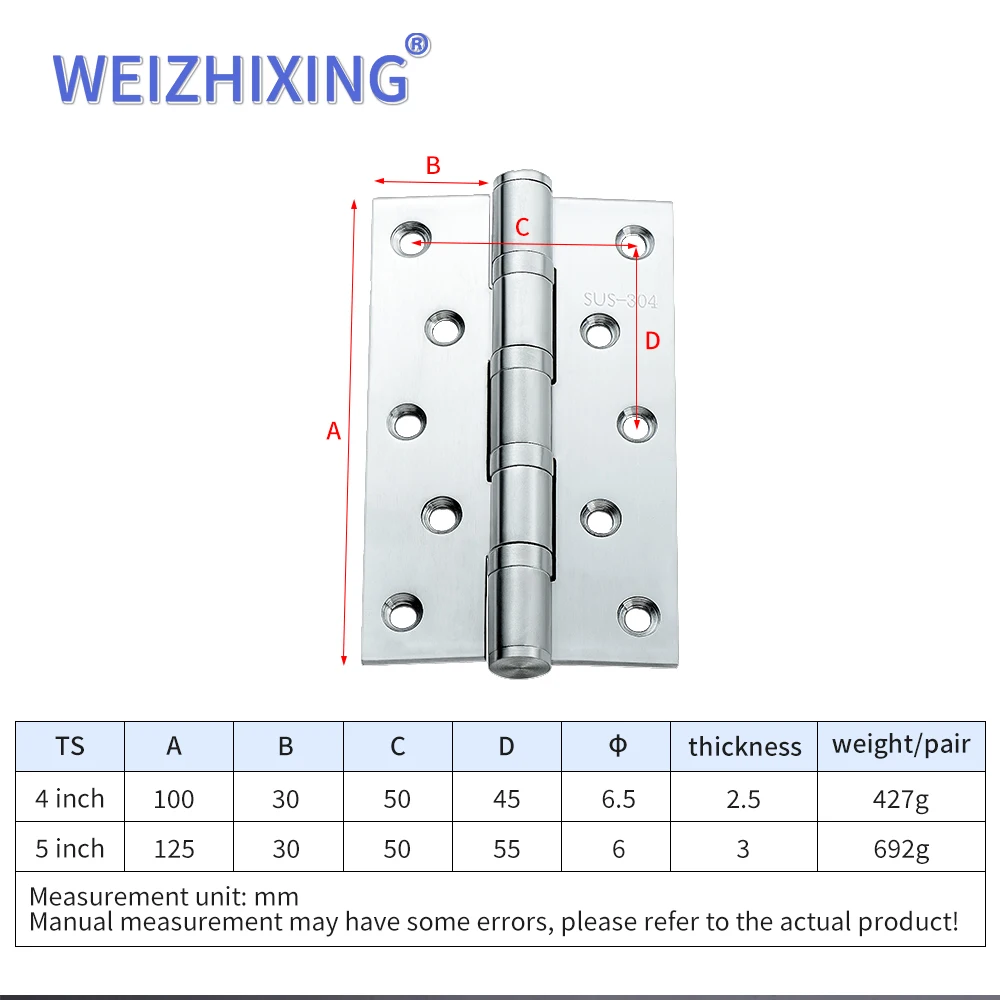 Weizhixing Hot Sale High Quality 5 Inch 3.0 Sus 304 Doors Ball Bearing Stainless Steel Flat Door Hinge