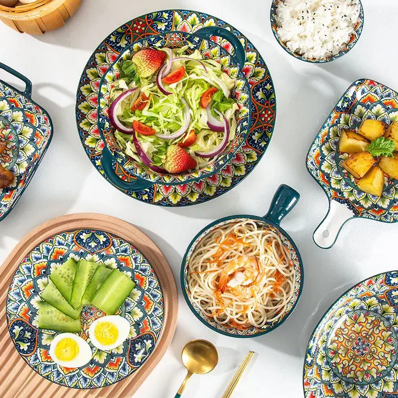 Wholesale assorted patterns bohemia style factory price 10 inch restaurant supply salad noodles ceramic deep dinner plates