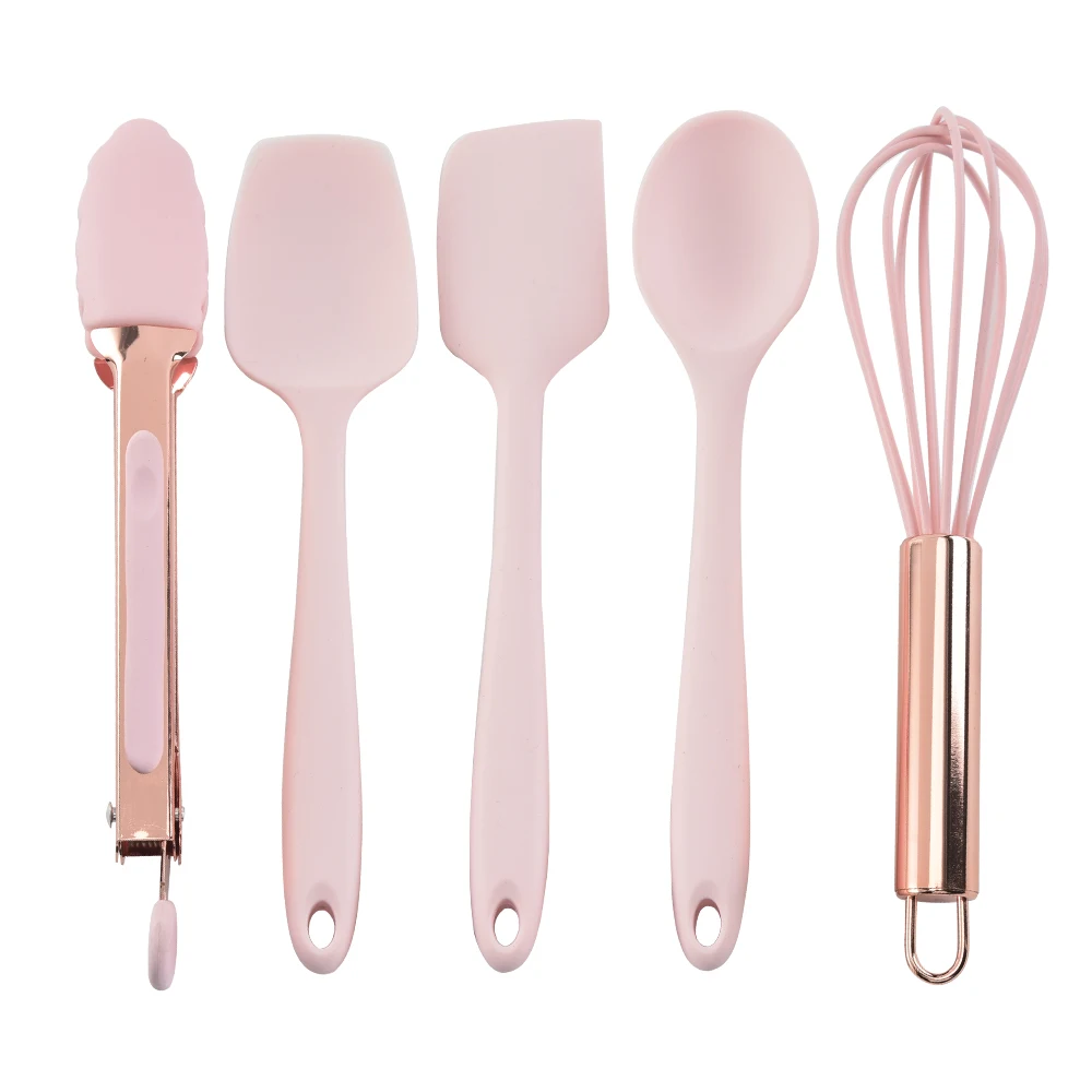 
America hot selling in stock 5pcs silicone mini utensil set with copper plated rose gold finished handle tongs whisk 
