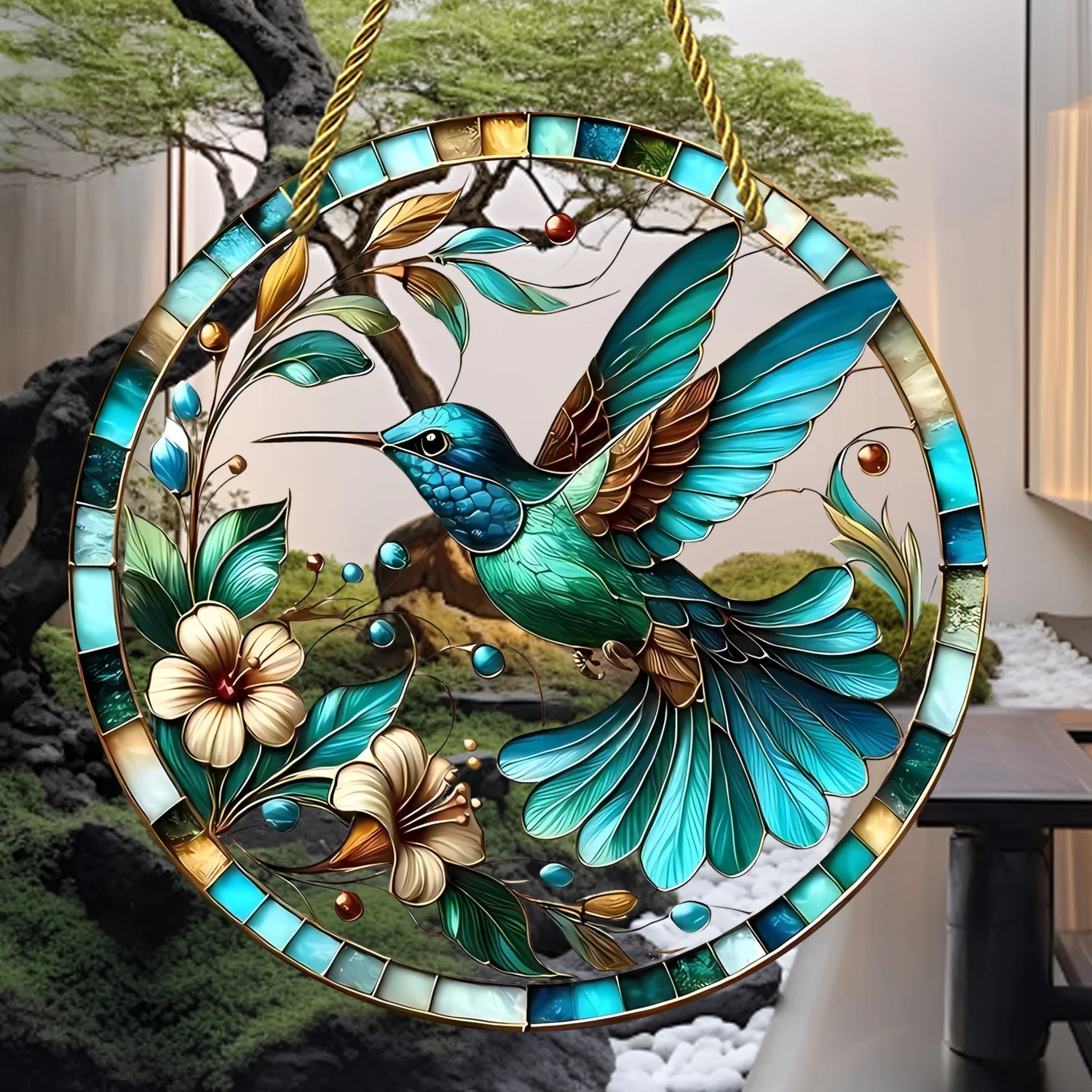 Window Home Garden Office Colorful Decorative Acrylic Round Pendant Charming Bird Floral Pattern Pendant