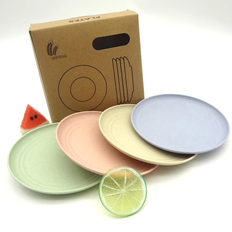 Amazon hot sale eco friendly wheat straw plate fiber wheat straw dinner plate 4 pcs plastic plate