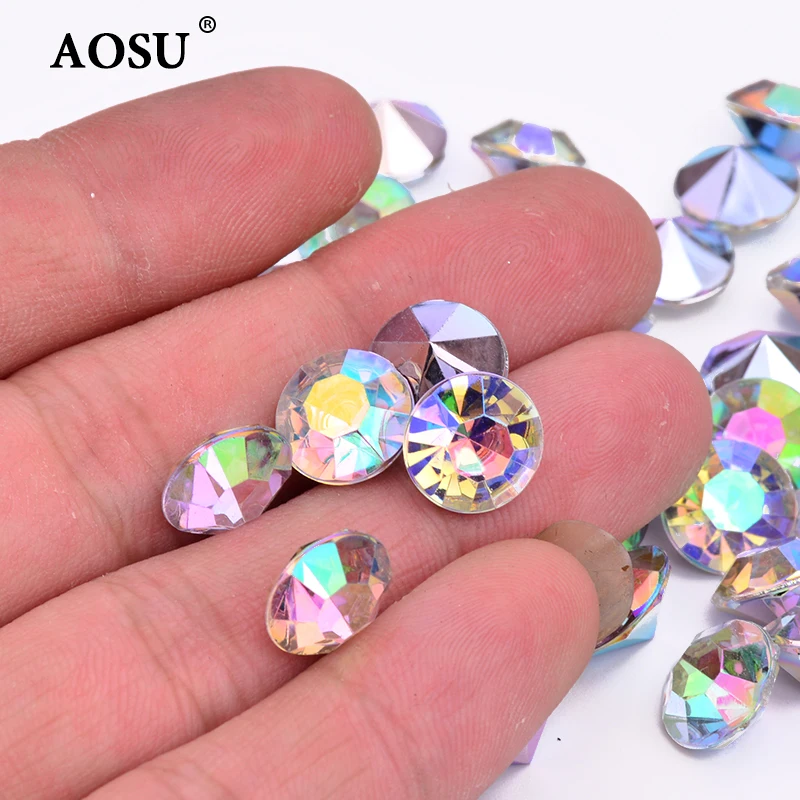 AOSU Fashion 1.5mm-12mm Round Diamond Strass Non Hotfix Crystal AB Stone Acrylic Pointback Rhinestones For Dress