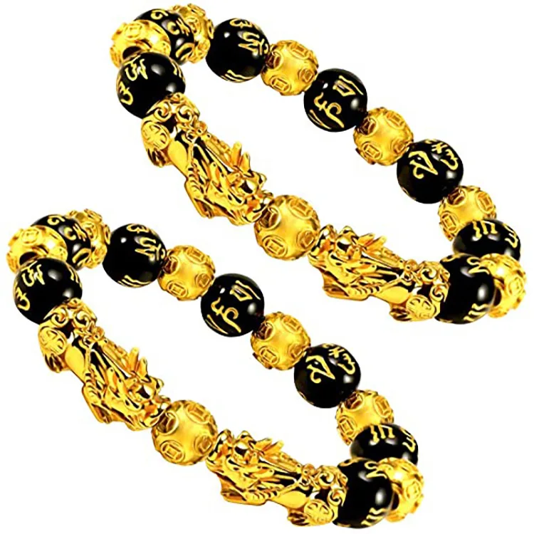 
Fashion Feng Shui Obsidian Stone Beads Bracelet Unisex Wristband Gold Black Pixiu Wealth And Good Luck Women Bracelet 