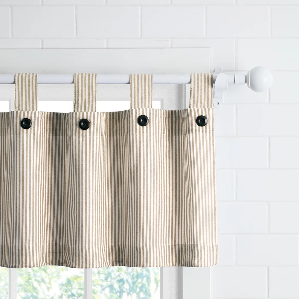 Linen color striped design 3 piece tab top cotton kitchen curtains and valances set ready made