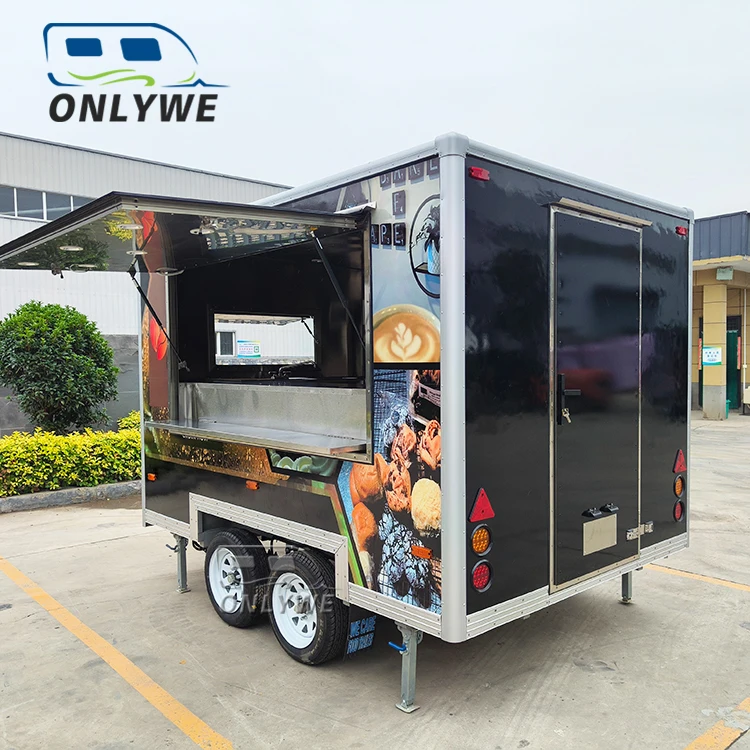 Outdoor mini black mobile coffee trailer cart mobile coffee shop taco ice cream snack fast food shop truck with wheel for sale