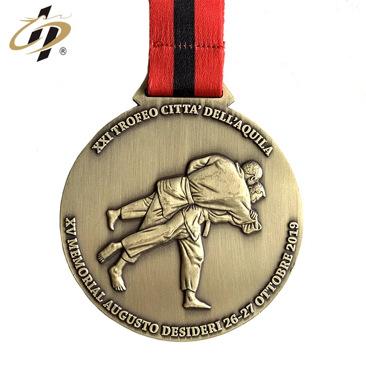 Custom zinc alloy antique gold metal 3d judo sport award jiu jitsu medals and trophies