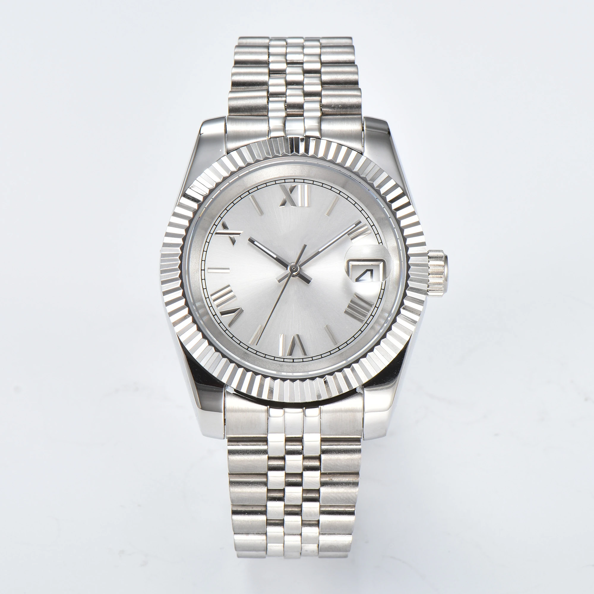 NH35 Watch Luxury Blank Roman Numerals Dial Automatic Movement Magnifier Waterproof Wristwatch Full Gold Custom Logo