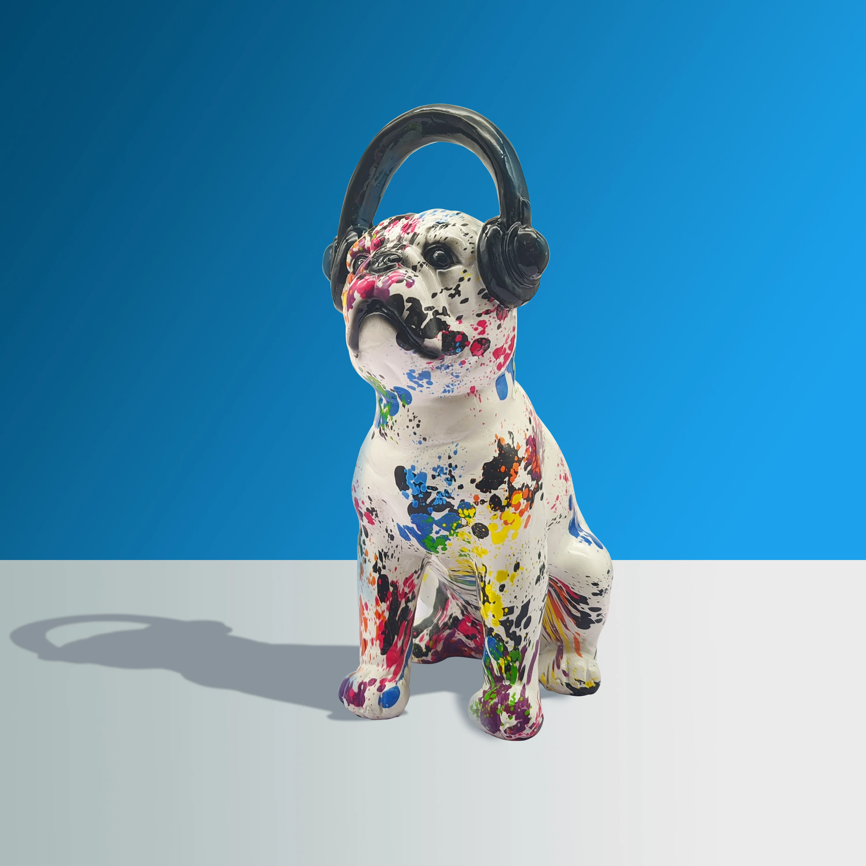 Colorful Sitting Bulldog Wearing Headset  Resin Crafts with Home Decoration