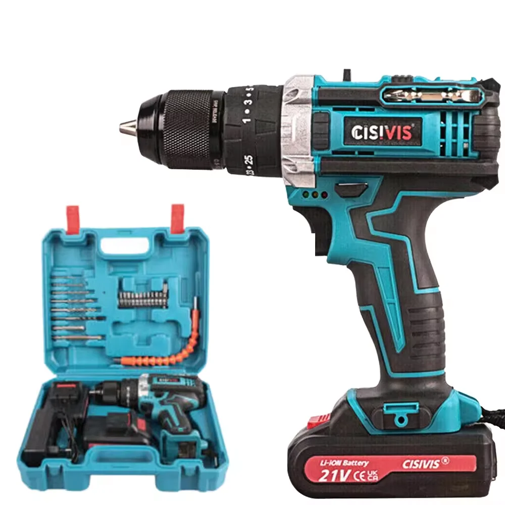 21V Cordless Power Drill Handheld Quick Electric Screwdriver Lithium-Ion Battery Brush Motor Impact Hammer DIY Customizable OEM