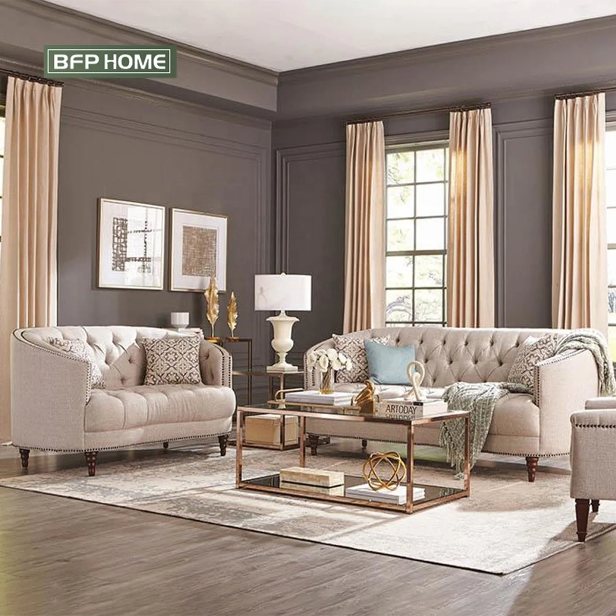 BFP Home American Pull Button Cream Fabric Modern Style Luxury  Beige Sofa Living Room popular new design Sofa Set Furniture