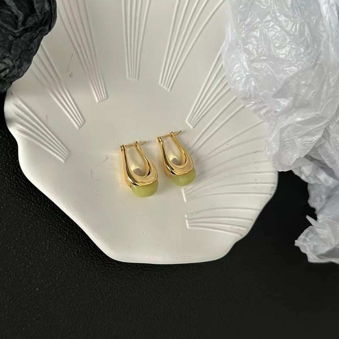 Fashion Top Quality Real Gold Plating Opal Jade Stone U Shape Hoop Earrings