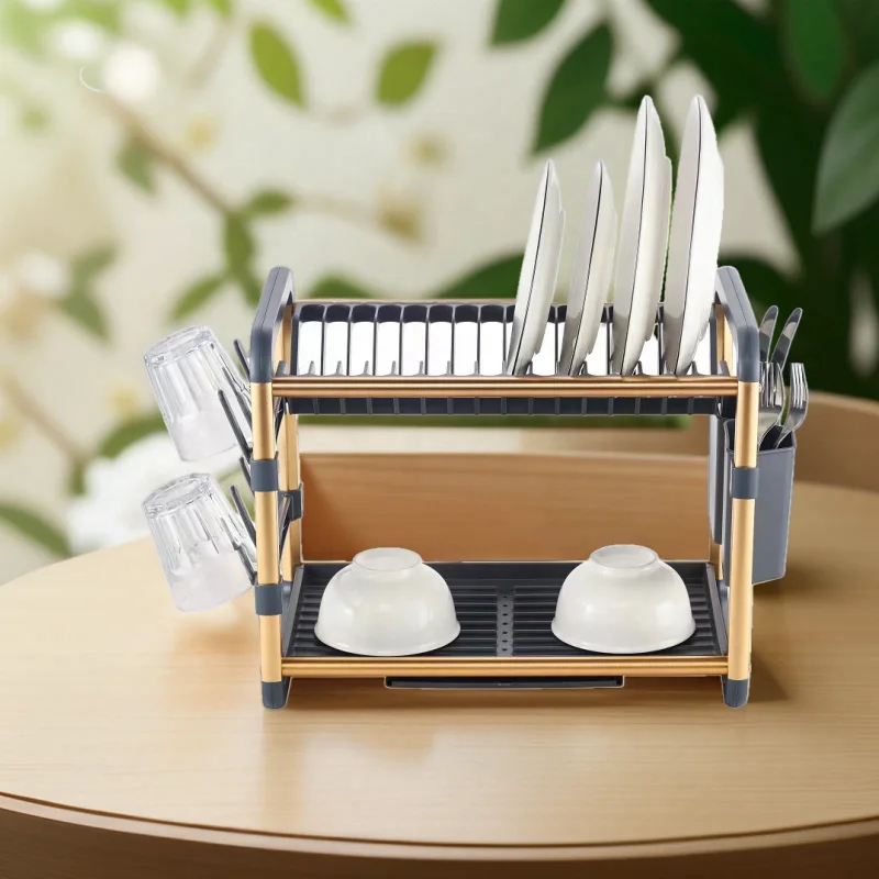 Detachable 2 Tier Gold Aluminum Dish Rack Rust Proof Dish Drying Rack Kitchen Organizer Countertop Plate Rack