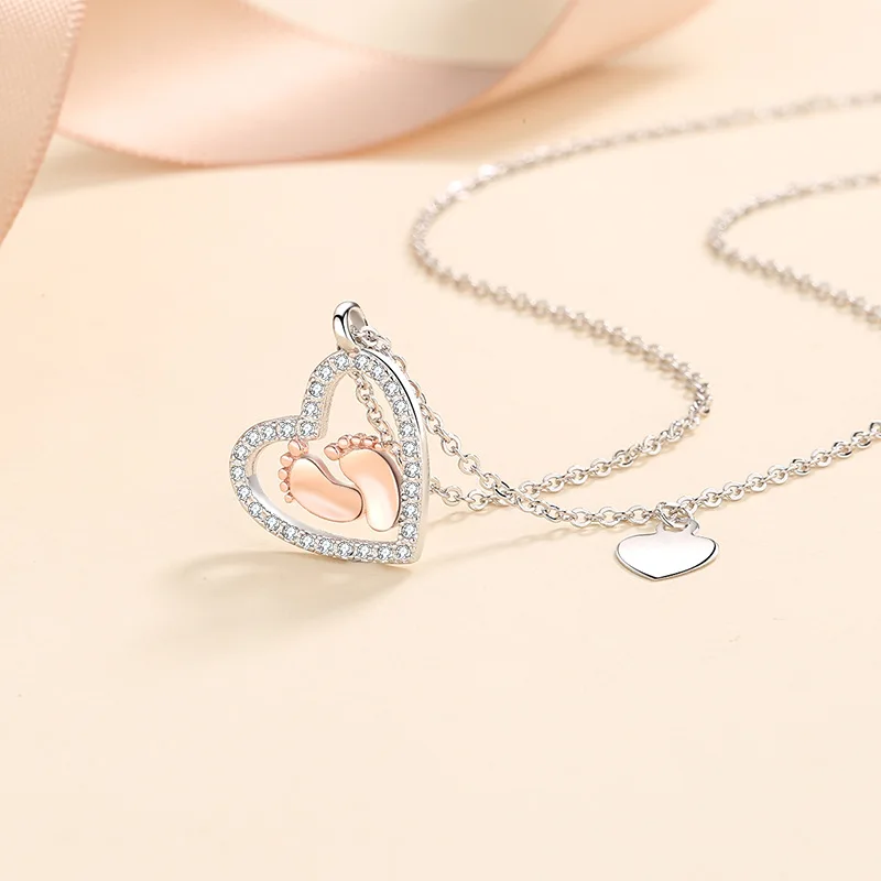 S925 heart sterling silver baby footprint love necklace pendant clavicle neck chain for women