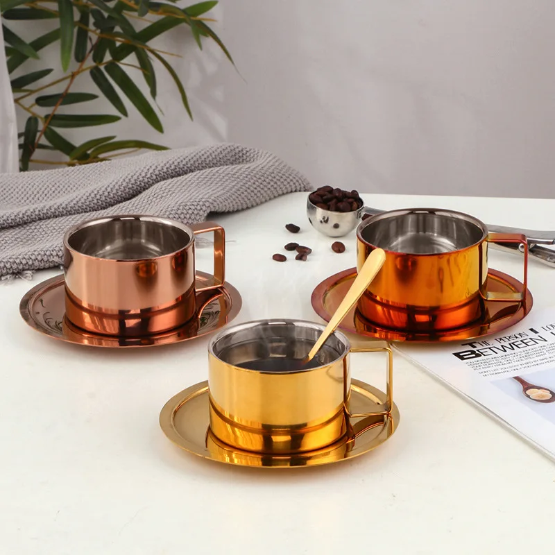 Stainless Steel 304 Double Insulated Coffee Mug and Saucer Set Thickened Household Blender Cup Durable Metal Design