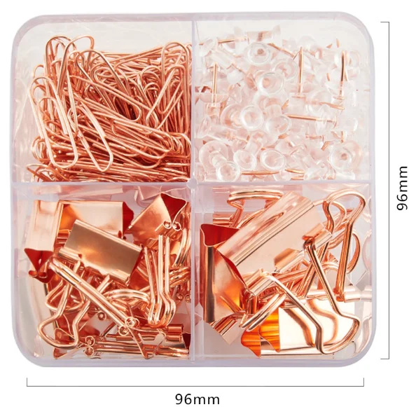 4-in-1 Rose Gold Paperclips Sets Notes Letter Ticket Bookmark Clamp Push Pins Binder Paper Clips for Student Office